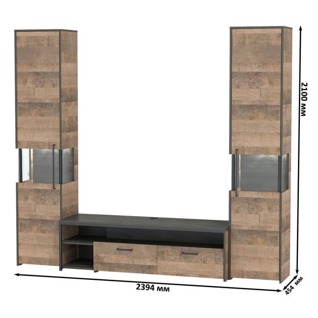 Два шкафа-пенала с подсветкой и тумба под ТВ Трувор № 18 цвет дуб гранж песочный/интра