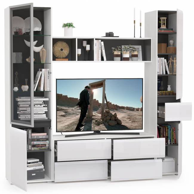 Стенка для гостиной Сидней Комплектация № 23 цвет белый/чёрный/фасады МДФ белый глянец