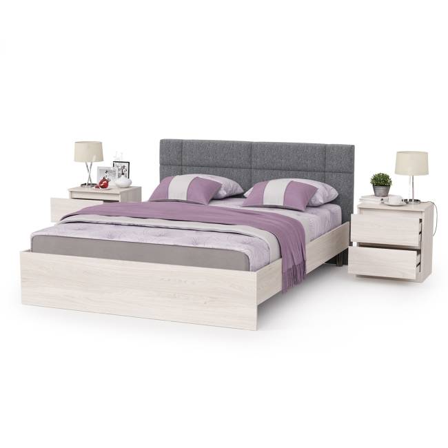 Двуспальная кровать с мягкой спинкой с основанием и двумя тумбочками Ника цвет ясень анкор светлый Двуспальная кровать с мягкой спинкой с основанием и двумя тумбочками Ника цвет ясень анкор светлый