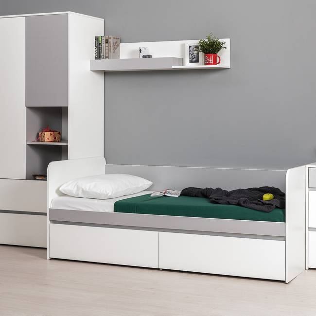 Детская кровать с ящиками Торонто с открытой полкой цвет белый шагрень/стальной серый Детская кровать с ящиками Торонто с открытой полкой цвет белый шагрень/стальной серый