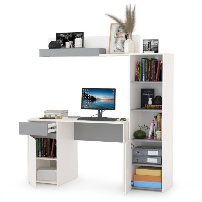 Стол Торонто с полкой и стеллажом цвет белый шагрень/стальной серый Стол Торонто с полкой и стеллажом цвет белый шагрень/стальной серый