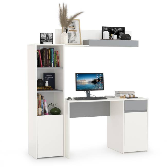 Стол Торонто с полкой и стеллажом цвет белый шагрень/стальной серый Стол Торонто с полкой и стеллажом цвет белый шагрень/стальной серый