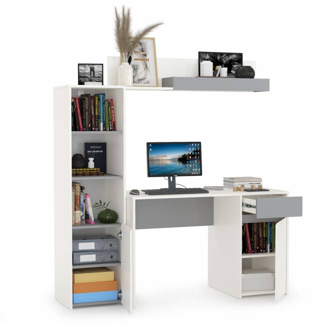 Стол Торонто с полкой и стеллажом цвет белый шагрень/стальной серый Стол Торонто с полкой и стеллажом цвет белый шагрень/стальной серый