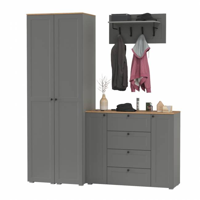 Большой комод две дверки четыре ящика с вешалкой с полкой и два шкаф-пенала Остин цвет серый графит/дуб крафт золотой Большой комод две дверки четыре ящика с вешалкой с полкой и два шкаф-пенала Остин цвет серый графит/дуб крафт золотой