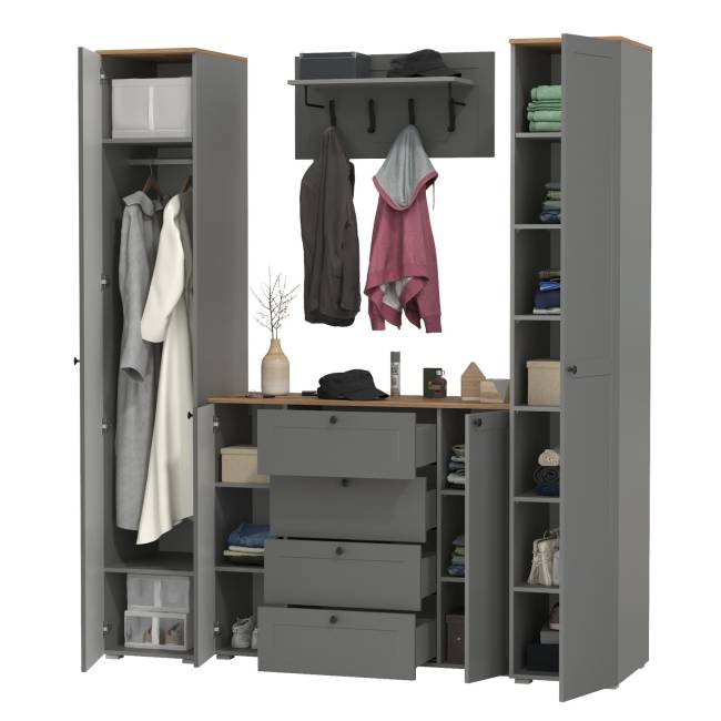 Большой комод две дверки четыре ящика с вешалкой с полкой и два шкаф-пенала Остин цвет серый графит/дуб крафт золотой Большой комод две дверки четыре ящика с вешалкой с полкой и два шкаф-пенала Остин цвет серый графит/дуб крафт золотой