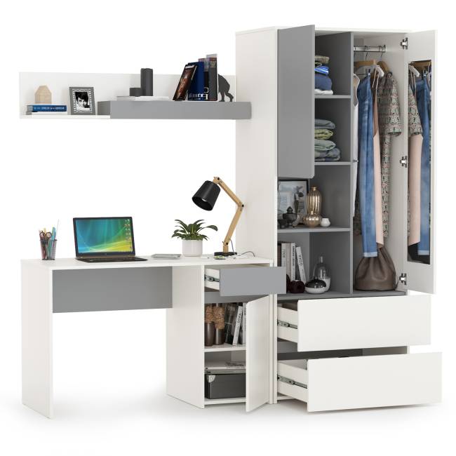 Рабочий стол с полкой и шкафом для одежды Торонто цвет белый шагрень/стальной серый