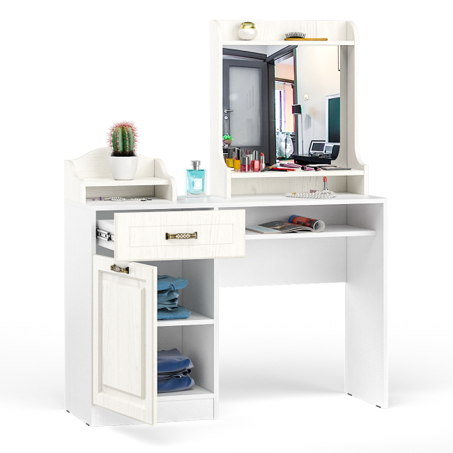 Стол туалетный с зеркалом и настольной полкой Ливерпуль цвет ясень ваниль/белый Стол туалетный с зеркалом и настольной полкой Ливерпуль цвет ясень ваниль/белый