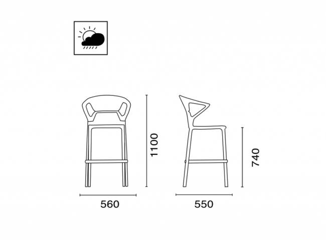 Кресло пластиковое барное Ego-K Bar сатинированный алюминий, черный матовый, дымчатый 560х550х1100 мм