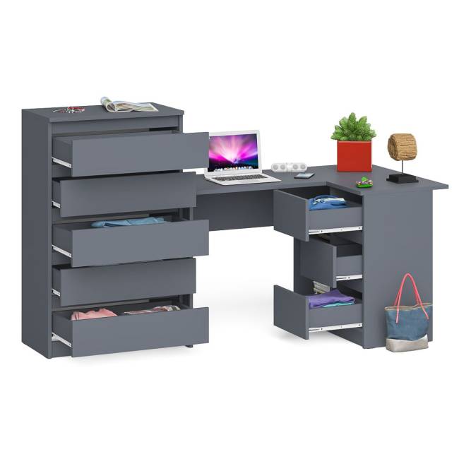 Высокий комод 700 пять ящиков и угловой компьютерный стол МС-16 правый серии Мори цвет графит Высокий комод 700 пять ящиков и угловой компьютерный стол МС-16 правый серии Мори цвет графит