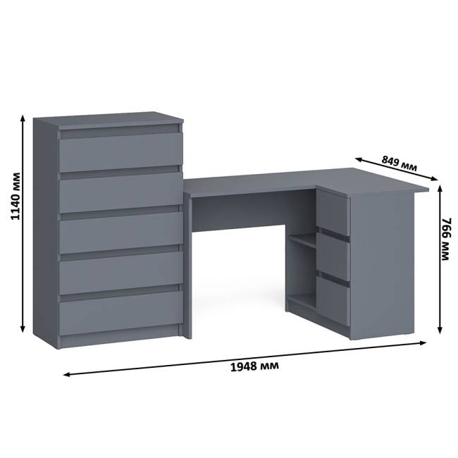 Высокий комод 700 пять ящиков и угловой компьютерный стол МС-16 правый серии Мори цвет графит Высокий комод 700 пять ящиков и угловой компьютерный стол МС-16 правый серии Мори цвет графит