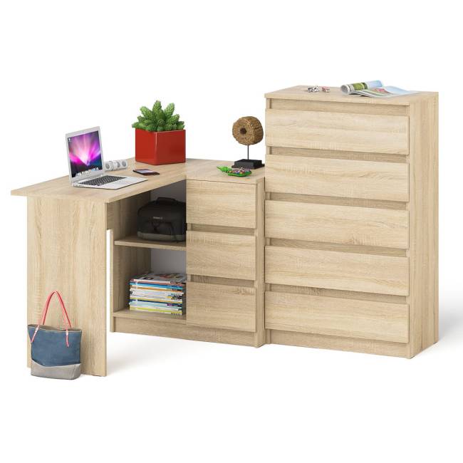 Высокий комод 700 пять ящиков и угловой компьютерный стол МС-16 правый серии Мори цвет дуб сонома Высокий комод 700 пять ящиков и угловой компьютерный стол МС-16 правый серии Мори цвет дуб сонома