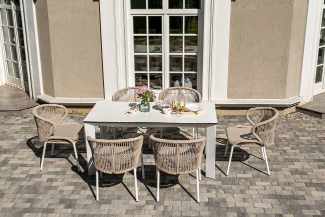 "Венето" обеденная группа на 6 персон со стульями "Милан", каркас белый, роуп бежевый "Венето" обеденная группа на 6 персон со стульями "Милан", каркас белый, роуп бежевый