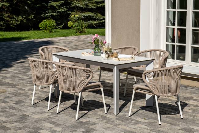 "Венето" обеденная группа на 6 персон со стульями "Милан", каркас белый, роуп бежевый "Венето" обеденная группа на 6 персон со стульями "Милан", каркас белый, роуп бежевый