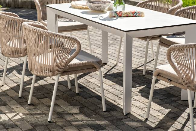 "Венето" обеденная группа на 6 персон со стульями "Милан", каркас белый, роуп бежевый "Венето" обеденная группа на 6 персон со стульями "Милан", каркас белый, роуп бежевый