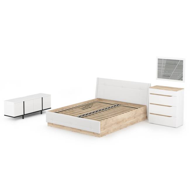 Муссон Кровать 1600 с подъёмным механизмом с тумбой TV 13.276 и зеркалом СВК цвет белый/чёрный/дуб эндгрейн элегантный/кожзам белый