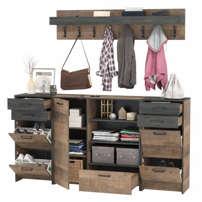 Две вешалки для одежды с полкой с двумя тумбами для обуви и комодом-тумбой с дверкой Трувор цвет дуб гранж песочный/интра