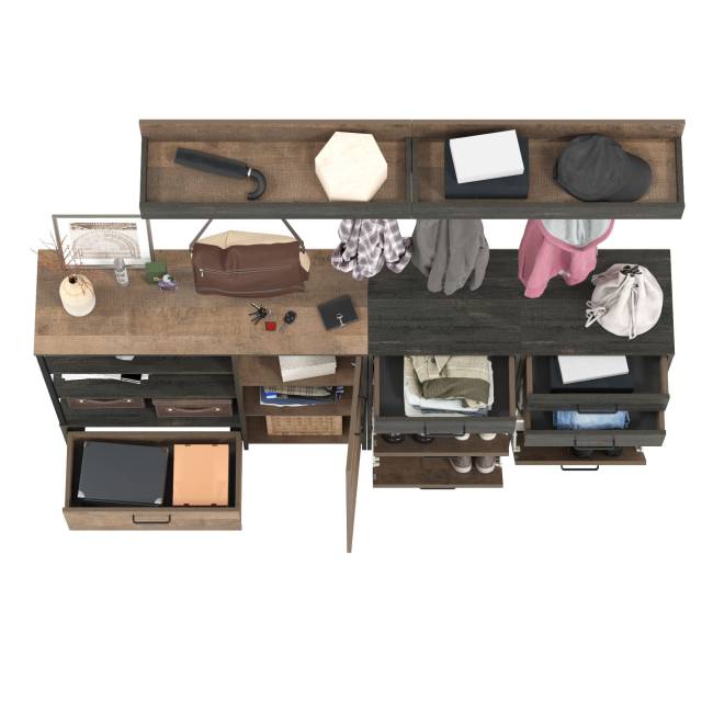 Две вешалки для одежды с полкой с двумя тумбами для обуви и комодом-тумбой с дверкой Трувор цвет дуб гранж песочный/интра