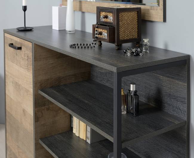 Две вешалки для одежды с полкой с двумя тумбами для обуви и комодом-тумбой с дверкой Трувор цвет дуб гранж песочный/интра