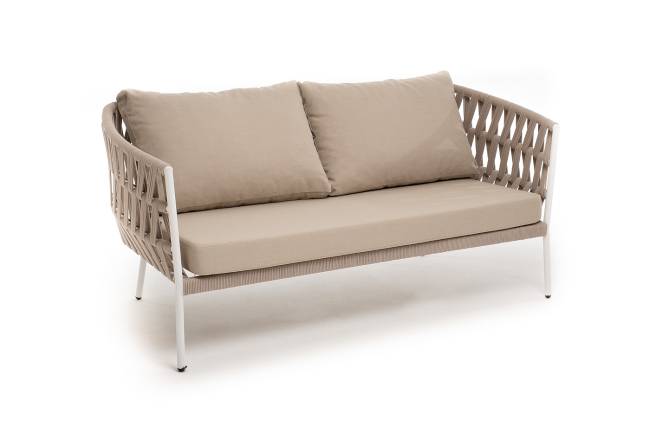 "Диего" диван 2-местный плетеный из роупа, каркас алюминий белый муар, роуп бежевый круглый, ткань бежевая 052 "Диего" диван 2-местный плетеный из роупа, каркас алюминий белый муар, роуп бежевый круглый, ткань бежевая 052