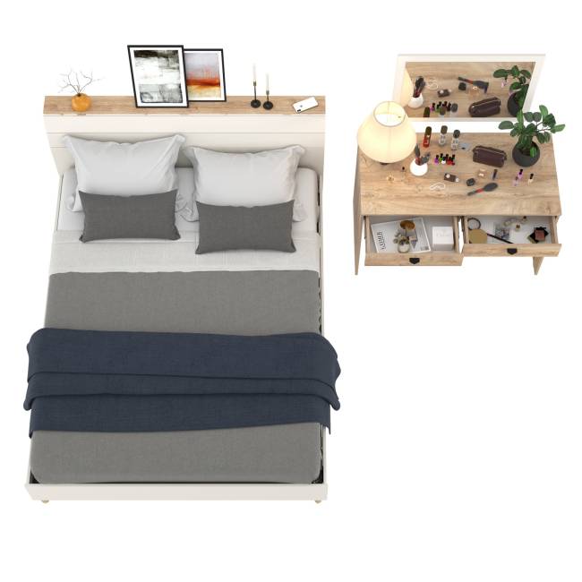 Двуспальная кровать на 1600 Муссон 11.41 с основанием и столиком с зеркалом цвет белый/дуб эндгрейн элегантный